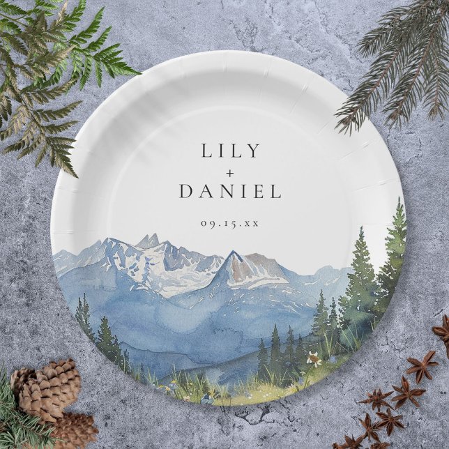 Modern Watercolor Mountain Wildflower Wedding Paper Plate (Modern Watercolor Mountain Wildflower Wedding Paper Plates)