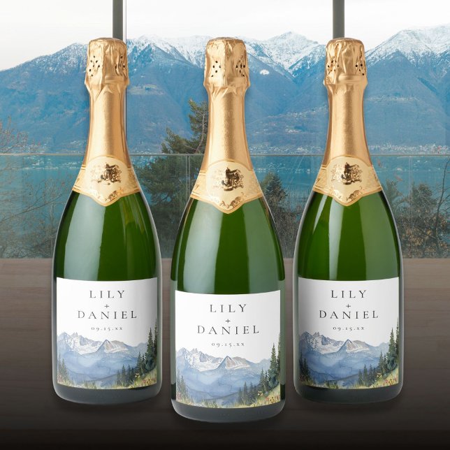 Modern Watercolor Mountain Wildflower Wedding Sparkling Wine Label (Modern Watercolor Mountain Wildflower Wedding Sparkling Wine Label)