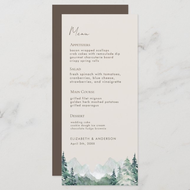 Modern Watercolor Mountains Wedding Dinner Menu (Front/Back)