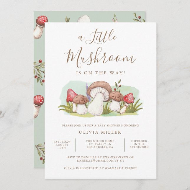 Modern Watercolor Mushroom Baby Shower  Invitation (Front/Back)
