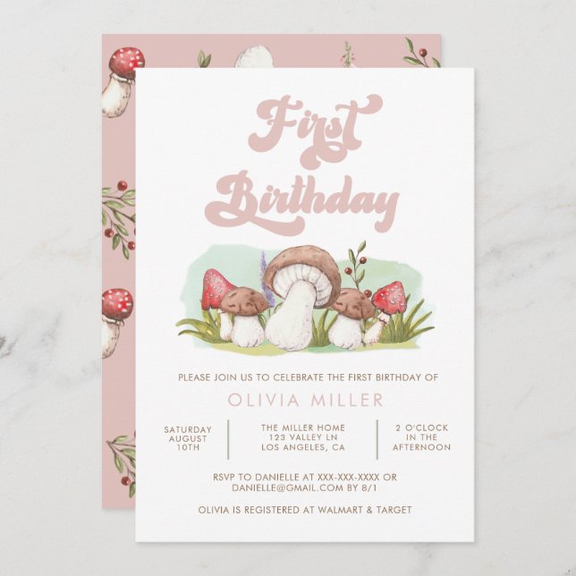 Modern Watercolor Mushroom Birthday Invitation (Front/Back)