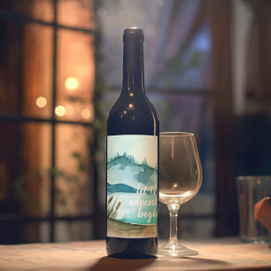 Modern Watercolor Nature Let's The Adventure Begin Wine Label