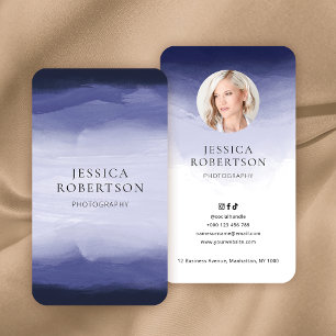Modern Watercolor Navy Blue Photo Elegant Business Card
