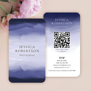 Modern Watercolor Navy Blue Social Media QR Code Business Card