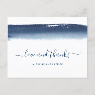 Modern Watercolor Navy Blue Wedding Thank You Announcement Postcard