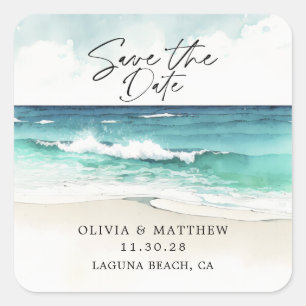 Modern Watercolor Ocean Beach Save the Date  Square Sticker