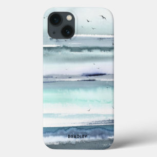 Modern Watercolor Ocean Sea Personalised Name iPhone 13 Case