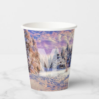 Modern watercolor of colored snowed trees paper cups
