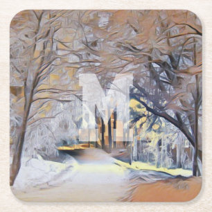 Modern watercolor of colored snowed trees square paper coaster