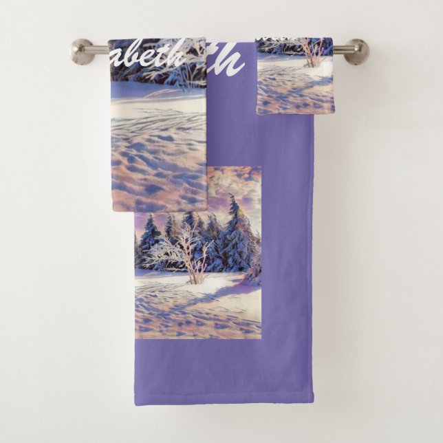 Modern watercolor of coloured snowed trees bath towel set (Insitu)