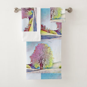 Modern watercolor of coloured snowed trees bath towel set