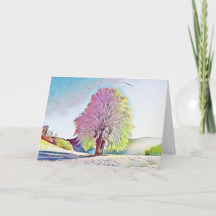 Modern watercolor of coloured snowed trees card
