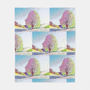 Modern watercolor of coloured snowed trees fleece blanket