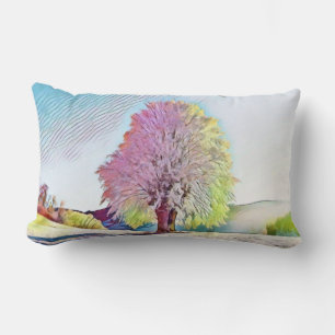 Modern watercolor of coloured snowed trees lumbar cushion