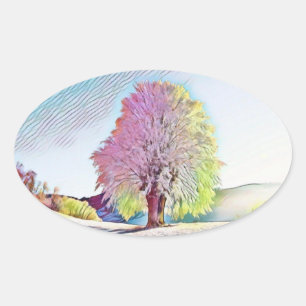 Modern watercolor of coloured snowed trees oval sticker