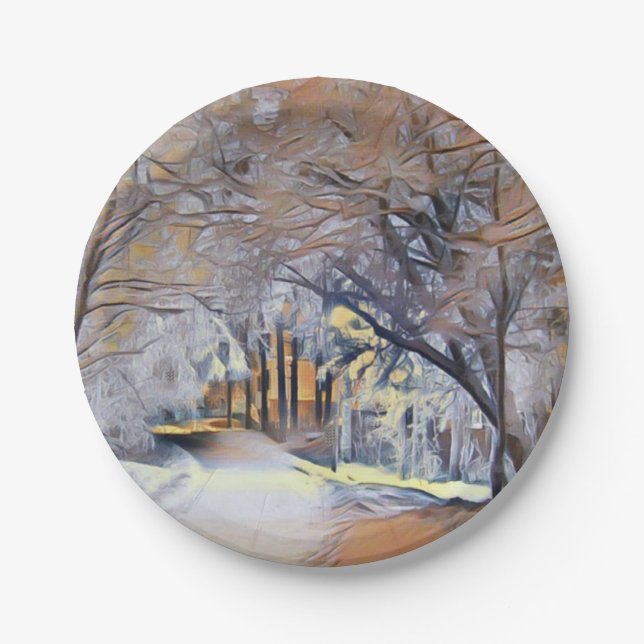 Modern watercolor of coloured snowed trees paper plate (Front)