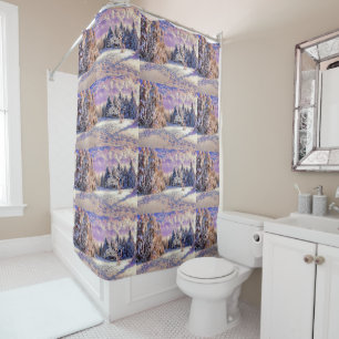Modern watercolor of coloured snowed trees shower curtain