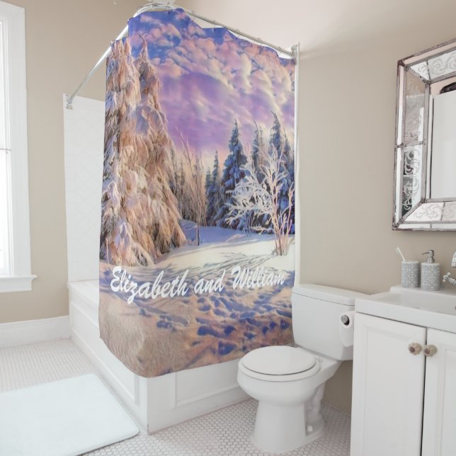 Modern watercolor of coloured snowed trees shower curtain (In Situ)