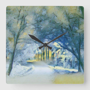 Modern watercolor of coloured snowed trees square wall clock