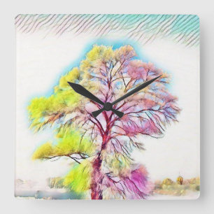 Modern watercolor of coloured snowed trees square wall clock