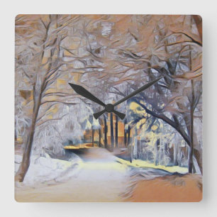 Modern watercolor of coloured snowed trees square wall clock