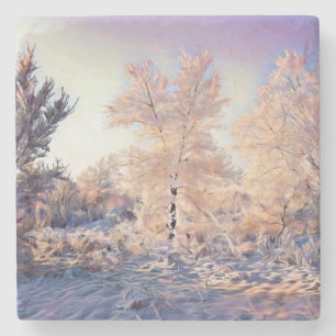 Modern watercolor of coloured snowed trees  stone coaster