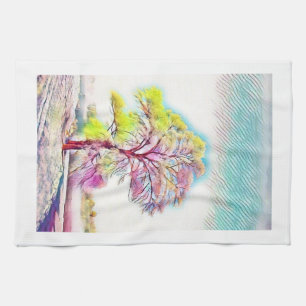 Modern watercolor of coloured snowed trees tea towel