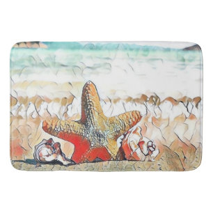 Modern Watercolor of Orange Seashells on Beach Bath Mat