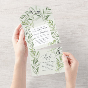 Modern watercolor olive branch foliage sage green all in one invitation