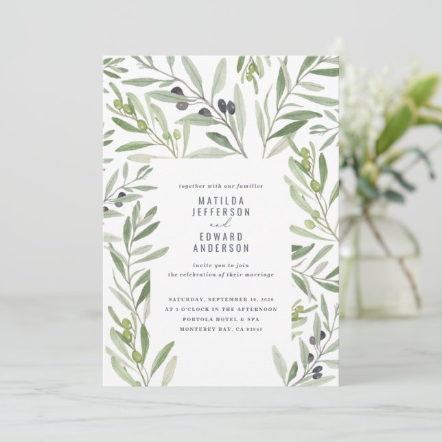 Modern watercolor olive branch foliage wedding ann announcement (Standing Front)