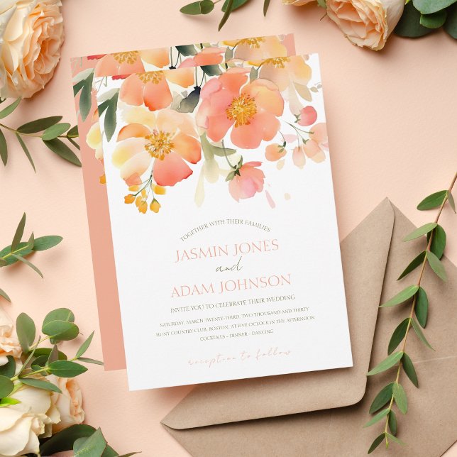 Modern Watercolor Orange Peach Floral Wedding Invitation (Creator Uploaded)