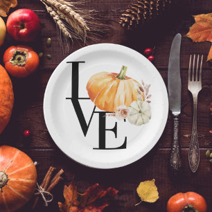 Modern Watercolor Orange Pumpkin With Love Paper Plate