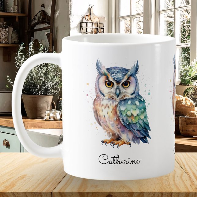 Modern Watercolor Owl Custom Name Coffee Mug (A personalized offee mug with owl illustration in a watercolor style)