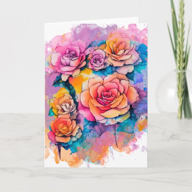Modern Watercolor Paint Daubs Roses Bouquet Card (Front)