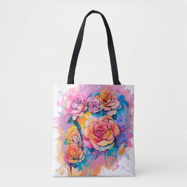 Modern Watercolor Paint Daubs Roses Bouquet Tote Bag (Front)