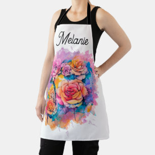 Modern Watercolor Paint Roses Bouquet Personalised Apron
