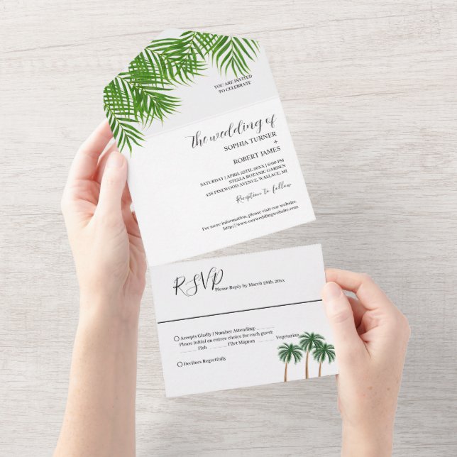 Modern Watercolor Palm Tree Wedding All In One Invitation (Tearaway)