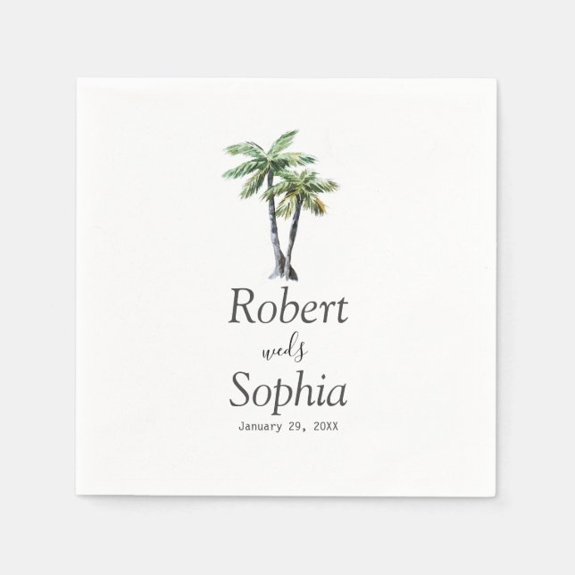 Modern Watercolor Palm Tree Wedding Napkin (Front)