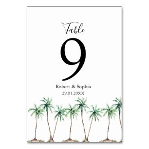 Modern Watercolor Palm Tree Wedding Table Number