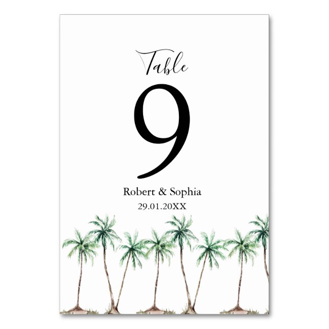 Modern Watercolor Palm Tree Wedding Table Number (Front)