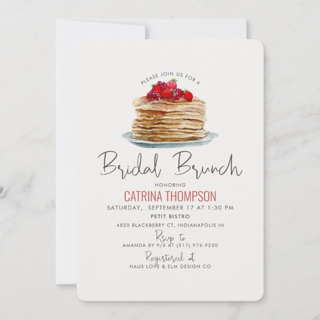 Modern Watercolor Pancakes Bridal Brunch Shower Invitation (Front)