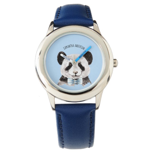 Modern Watercolor Panda With Name And Pastel Blue Watch (Front)