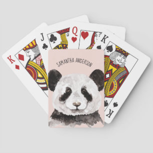 Modern Watercolor Panda With Name And Pastel Pink Playing Cards