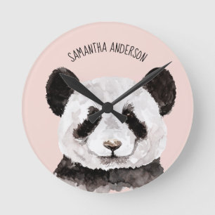 Modern Watercolor Panda With Name And Pastel Pink Round Clock