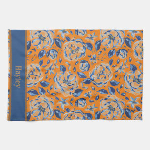 Modern Watercolor Pastel Blue Flowers Pattern Name Tea Towel