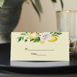Modern Watercolor Pastel Yellow Lemons & Leaf  Place Card