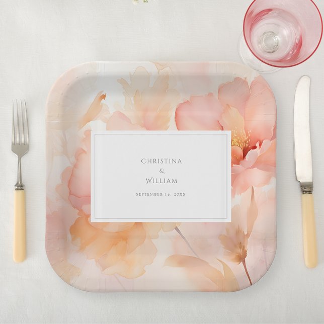 Modern Watercolor Peach Floral Wedding Paper Plate (Creator Uploaded)