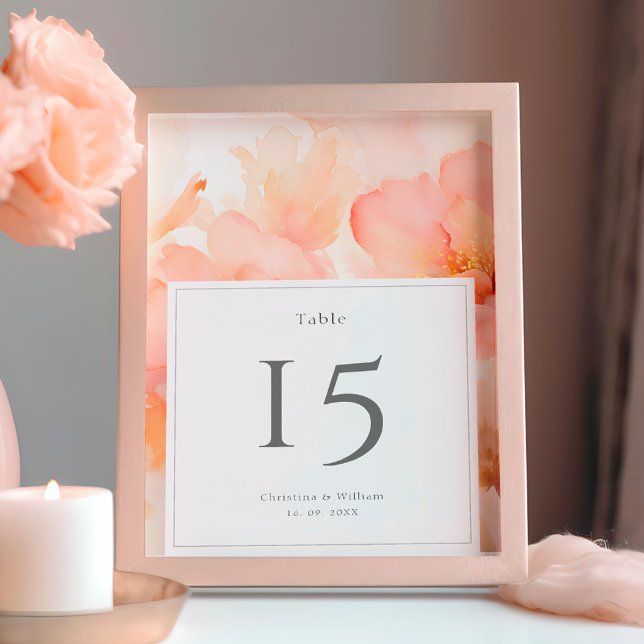 Modern Watercolor Peach Flower Wedding Table Number (Creator Uploaded)