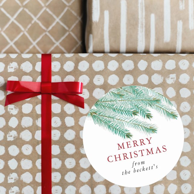 Modern Watercolor Pine Boughs Festive Christmas Classic Round Sticker (Creator Uploaded)