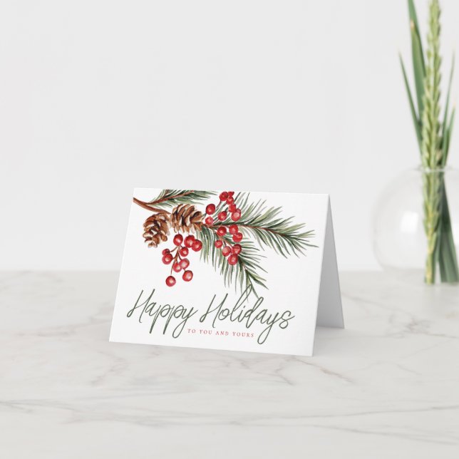 Modern Watercolor Pine Branch & Berries Christmas Card (Front)